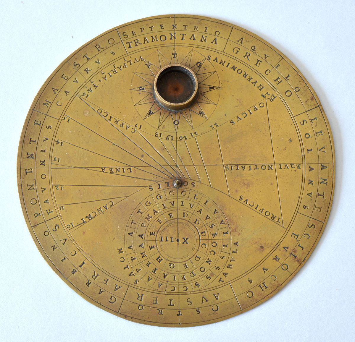Round brass sundial signed HYERONIMVS VVLPARIA . FA (ciebat) 1577.